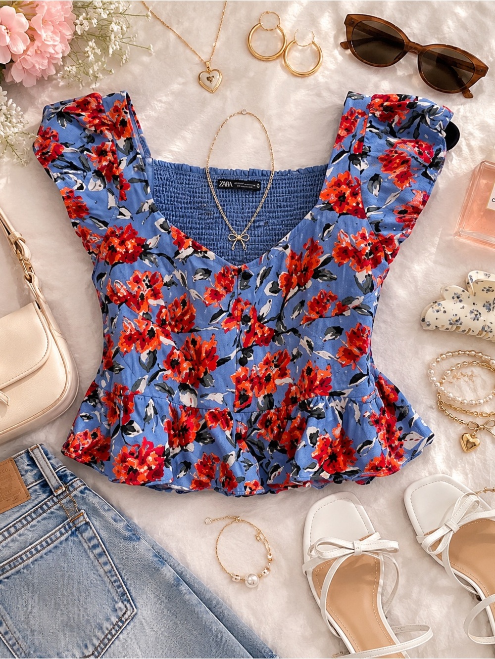 ZARA Light‎ Blue Floral Smocked Back Peplum Top- cottagecore - romantic summer